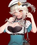  absurdres ahomushi994 black_bra bra breasts cellphone commentary girls_frontline hair_ornament hat highres holding holding_phone large_breasts phone red_background simple_background smartphone underwear v white_hair white_hat yellow_eyes zas_m76_(girls&#039;_frontline) zastava_m76 