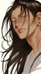  1boy black_hair brown_eyes closed_mouth ear_piercing expressionless getou_suguru hair_over_eyes highres jujutsu_kaisen long_hair looking_at_viewer male_focus ndsoda piercing portrait robe signature simple_background solo white_background white_robe 