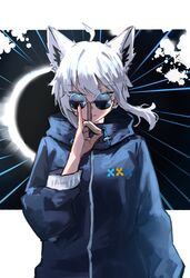  1girl absurdres ahoge animal_ears aqua_eyes black_jacket channyy19 cosplay drawstring fox_ears fox_girl fox_shadow_puppet glowing glowing_eyes gojou_satoru gojou_satoru_(cosplay) hand_up highres hololive hood hooded_jacket jacket jujutsu_kaisen looking_at_viewer official_alternate_costume round_eyewear shirakami_fubuki shirakami_fubuki_(loungewear) short_hair short_hair_with_long_locks solo sunglasses tinted_eyewear virtual_youtuber white_hair 