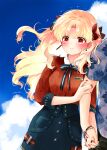  alternate_costume azumi_(myameco) blonde_hair blue_sky blush clouds earrings ereshkigal_(fate) ereshkigal_(under_the_same_sky)_(fate) fate/grand_order fate_(series) fujimaru_ritsuka_(male) fujimaru_ritsuka_(male)_(tropical_summer) hair_ribbon holding_another&#039;s_arm holding_hands jewelry nail_polish official_alternate_costume red_eyes red_nails red_ribbon ribbon sky trembling 