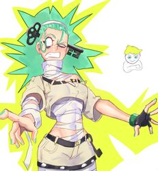  1boy 1girl a.b.a absurdres bags_under_eyes bandaged_chest bandaged_neck bandages cheymix electricity fingerless_gloves gloves grey_hair guilty_gear guilty_gear_strive headband highres key key_in_head ky_kiske nail_polish object_through_head pale_skin skirt white_headband 