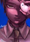  1boy absurdres artist_name blue_background brown_eyes brown_hair collared_shirt danganronpa_(series) danganronpa_2:_goodbye_despair egg green_necktie grey_shirt highres hinata_hajime holding holding_egg kado_51 male_focus necktie portrait shirt short_hair solo teeth 