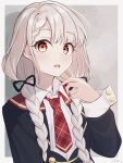  1girl blush braid braided_bangs grey_hair hair_ribbon highres hisakawa_nagi idolmaster idolmaster_cinderella_girls idolmaster_cinderella_girls_starlight_stage jacket long_hair looking_at_viewer necktie noa_82g open_mouth orange_eyes ribbon solo twin_braids upper_body 