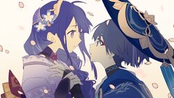  1boy 1girl armor black_eyes black_hair blue_cape blue_hat blunt_bangs bridal_gauntlets cape eyeliner eyeshadow falling_petals fan_hair_ornament floral_print flower genshin_impact gold_ring hair_flower hair_ornament hand_on_another&#039;s_chest hand_on_another&#039;s_wrist hat highres japanese_armor japanese_clothes jewelry jingasa kann_jou kimono kote kurokote long_hair looking_at_another low-braided_long_hair low-tied_long_hair makeup mandarin_collar middle_ring mother_and_son multicolored_flower multicolored_hair parted_bangs parted_lips petals pink_eyes purple_flower purple_hair purple_kimono raiden_shogun red_eyeliner red_eyeshadow red_ribbon ribbon ring scaramouche_(genshin_impact) shrug_(clothing) sidelocks streaked_hair tilted_headwear wanderer_(genshin_impact) white_background white_flower 