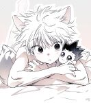  1boy animal_ears bare_arms bare_shoulders bed_sheet cat_ears character_doll closed_mouth crossed_arms fang fang_out gon_freecss highres hunter_x_hunter kemonomimi_mode killua_zoldyck lying male_focus monochrome noeardog on_bed on_stomach outline pillow short_hair sideways_glance sleeveless solo spiky_hair 