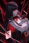  1girl belt blurry blurry_foreground book bow bowtie card commission dark_background depth_of_field gloves glowing_lines highres hime_cut holding holding_book light_smile lisara_scarletdream long_hair long_sleeves looking_at_viewer mihan77108047 original playing_card red_bow red_bowtie red_eyes scissors shirt string three_of_spades white_shirt 