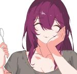  1girl collarbone commentary eating english_commentary grey_shirt hair_between_eyes hand_on_own_face head_rest holding holding_spoon honkai:_star_rail honkai_(series) kafka_(honkai:_star_rail) kili_kilio light_blush portrait purple_hair shirt simple_background smile solo spoon straight-on twitter_username white_background 