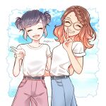  2girls alya_cesaire blue_hair blue_pants blue_sky brown_hair chigico_u closed_eyes clouds cloudy_sky double_bun glasses hair_bun happy highres long_hair marinette_dupain-cheng miraculous_ladybug mole multiple_girls open_mouth pants pink_pants shirt sky smile v white_shirt 