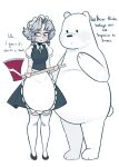  1girl apron axe bear black_dress bow braid commentary crossover dress english_commentary english_text fire_axe full_body green_bow green_necktie grey_eyes grey_hair hair_bow highres holding holding_axe ice_bear_(we_bare_bears) izayoi_sakuya looking_to_the_side maid maid_headdress medium_bangs necktie open_mouth parted_bangs pinafore_dress polar_bear puffy_short_sleeves puffy_sleeves shirt short_hair short_sleeves simple_background sleeveless sleeveless_dress standing sunnyboi thigh-highs touhou twin_braids waist_apron we_bare_bears white_apron white_background white_shirt white_thighhighs 