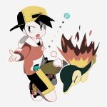  1boy backwards_hat black_hat commentary_request cyndaquil ethan_(pokemon) hat highres jacket long_sleeves male_focus milkpeachi open_mouth pointing poke_ball poke_ball_symbol pokemon pokemon_(creature) pokemon_gsc shirt shoes shorts stitches white_background zipper_pull_tab 