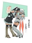  2girls absurdres armored_boots bare_shoulders black_gloves black_hair black_thighhighs blush boots bukimi_isan elbow_gloves eye_contact eye_mask fingerless_gloves gloves green_background grin high_heel_boots high_heels highres holding holding_paper hood lady_black_(shy) leotard looking_at_another multiple_girls paper short_hair shy_(character) shy_(series) smile standing superhero_costume sweatdrop teeth thigh-highs translation_request twintails white_background white_leotard 
