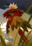  day grass grey_sky highres hisuian_decidueye kel-del looking_at_viewer outdoors pokemon pokemon_(creature) rain reeds sky solo 