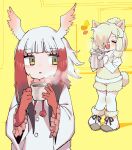  2girls absurdres alpaca_ears alpaca_girl alpaca_suri_(kemono_friends) alpaca_tail animal_ears black_hair blunt_bangs boots closed_eyes cup elbow_gloves frilled_sleeves frills fur_(clothing) fur_collar fur_trim gloves hair_bun hair_over_one_eye hair_tubes highres japanese_crested_ibis_(kemono_friends) kanmoku-san kemono_friends long_sleeves multiple_girls open_mouth pantyhose red_fur red_gloves redhead shirt short_hair shorts sidelocks smile sweater tail teacup teapot vest white_footwear white_fur white_hair white_pantyhose white_shirt white_shorts white_sweater white_vest yellow_eyes 