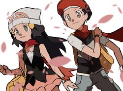  1boy 1girl beanie beret black_hair black_shirt closed_mouth grey_eyes hair_ornament half_updo hat highres hikari_(pokemon) long_hair lucas_(pokemon) miniskirt open_mouth petals pink_skirt pokemon pokemon_dppt red_hat red_scarf scarf shichibee_(stm_mimi) shirt short_hair simple_background skirt smile white_background white_hat yellow_bag 