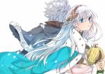  1boy 1girl anastasia_(fate) blue_cape blue_eyes blurry cape choker closed_mouth depth_of_field doll dress earrings expressionless fate/grand_order fate_(series) fur-trimmed_cape fur-trimmed_jacket fur_trim gold_choker gold_hairband gold_trim grey_hair grey_jacket hair_ornament hair_over_one_eye hairband hands_up holding holding_doll jacket jewelry kadoc_zemlupus leaf_hair_ornament long_hair looking_at_viewer pink_sash sash short_hair shoulder_sash simple_background snowing tsengyun upper_body viy_(fate) white_background white_dress white_hair wind 