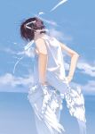  1boy black_hair blue_sky clouds cloudy_sky cowboy_shot day facing_down feathered_wings from_side hair_over_eyes halo hand_under_clothes highres horizon long_bangs low_wings male_focus mouth_hold ocean original outdoors pants revision rido_(ridograph) shirt short_hair sky sleeveless sleeveless_shirt solo water white_pants white_wings wings 
