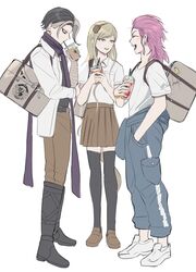  1girl 2boys bag baggy_pants bandaged_arm bandages black_footwear black_hair black_shirt black_thighhighs blonde_hair blue_eyes blue_pants boots braid brown_bag brown_footwear brown_pants brown_skirt closed_eyes cup danganronpa_(series) danganronpa_2:_goodbye_despair drinking_straw drinking_straw_in_mouth earrings grey_hair hairband hand_in_pocket hand_on_own_elbow handbag holding holding_cup jewelry looking_at_another looking_down mt2_(sub_mmt) multicolored_hair multiple_boys open_clothes open_shirt pants pink_hair pleated_skirt purple_scarf red_eyes scarf school_uniform shirt simple_background skirt smile soda_kazuichi sonia_nevermind streaked_hair tanaka_gundham thigh-highs twitter_username two-tone_hair white_background white_footwear white_shirt 