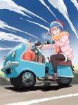  1girl aqua_gloves artist_name beanie black_pantyhose blue_eyes blue_shorts blue_sky clouds cloudy_sky coat commentary dated day gloves grey_footwear hat highres kagamihara_nadeshiko long_hair long_sleeves looking_at_viewer motor_vehicle motorcycle multicolored_hat on_motorcycle open_clothes open_coat open_mouth orange_scarf outdoors pantyhose pantyhose_under_shorts pink_coat pink_hair retsumaru riding road scarf shoes short_shorts shorts signature sitting sky smile solo yurucamp 