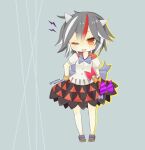  1girl black_skirt bow chibi cone_horns full_body highres horns kijin_seija multicolored_hair one-hour_drawing_challenge one_eye_closed red_eyes shirt simple_background skirt slippers small_horns solo streaked_hair tongue tongue_out touhou white_horns white_shirt yaco_(nuitnotte) 