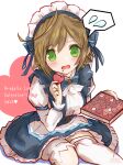  1girl 2024 blue_dress blush box box_of_chocolates brown_hair chocolate commentary_request cowboy_shot dragalia_lost dress eating food green_eyes heart holding holding_box holding_food long_sleeves looking_at_viewer maid maid_headdress melody_(dragalia_lost) open_mouth short_hair simple_background single_thighhigh sitting solo speech_bubble spoken_sweatdrop sweatdrop takasaka_light thigh-highs twitter_username valentine white_background white_thighhighs 