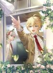  2boys aether_(genshin_impact) ahoge alternate_costume antenna_hair arm_up blonde_hair blurry blurry_background brown_jacket collared_shirt earrings flower genshin_impact grey_hair hair_between_eyes highres jacket jewelry kaedehara_kazuha lapels leaf long_sleeves looking_at_another looking_up low_ponytail male_focus multicolored_hair multiple_boys namimenou necktie open_clothes open_jacket open_mouth open_window paper_airplane pink_flower pink_rose ponytail red_eyes red_necktie redhead rose school_uniform shirt short_hair short_ponytail single_earring smile standing sunlight teeth tongue two-tone_hair vest white_shirt window yellow_eyes yellow_vest 