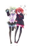  2others aqua_eyes aqua_hair aqua_necktie black_footwear black_shirt black_skirt boots cinnabar_(houseki_no_kuni) cosplay detached_sleeves embarrassed full_body grey_skirt hatsune_miku hatsune_miku_(cosplay) highres houseki_no_kuni kasane_teto kasane_teto_(cosplay) looking_at_viewer multiple_others necktie open_mouth phosphophyllite pleated_skirt red_eyes redhead shirt simple_background skirt standing standing_on_one_leg subscripxles thigh_boots utau vocaloid white_background white_shirt 