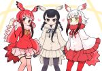  3girls :d bird_tail black-headed_ibis_(kemono_friends) black_gloves black_hair black_pantyhose black_ribbon blush braid brown_eyes brown_thighhighs closed_mouth commission frilled_sleeves frills fur-trimmed_jacket fur_collar fur_trim gloves grey_hair grey_jacket grey_skirt grey_wings hair_bobbles hair_ornament hand_up head_wings heart highres jacket japanese_crested_ibis_(kemono_friends) kemono_friends kibisake long_sleeves looking_at_viewer low_twintails multicolored_hair multiple_girls neck_ribbon outline pantyhose pleated_skirt red_eyes red_jacket red_pantyhose red_ribbon red_skirt red_wings redhead ribbon scarlet_ibis_(kemono_friends) sidelocks skeb_commission skirt sleeves_past_fingers sleeves_past_wrists smile standing tail thigh-highs twin_braids twintails two-tone_background two-tone_hair v-shaped_eyebrows white_background white_jacket white_outline wide_sleeves wings yellow_background yellow_eyes yellow_ribbon 
