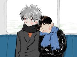  2boys black_coat black_scarf blue_scarf blush brown_hair buttons closed_eyes closed_mouth coat commentary crossed_arms grey_coat grey_hair hair_between_eyes highres ikari_shinji lapels leaning_on_person looking_to_the_side male_focus multiple_boys nagisa_kaworu neon_genesis_evangelion orange_shirt oyama_(mirumiru) scarf shiny_clothes shirt sideways_glance sitting sleeping train_interior undershirt upper_body window 