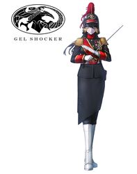  1girl aiguillette award_ribbon baton_(weapon) belt belt_buckle black_hair black_jacket black_pants black_skirt boots buckle commentary eidenjyou1997 english_commentary epaulettes eyeliner eyeshadow fringe_trim genderswap genderswap_(mtf) general_black gloves helmet highres holding holding_baton jacket kamen_rider kamen_rider_(1st_series) knee_boots lipstick logo long_hair makeup military_jacket military_uniform multicolored_clothes multicolored_gloves pants pants_under_skirt plume purple_eyeshadow purple_lips red_gloves red_sash sash serious simple_background skirt solo uniform weapon white_background white_belt white_footwear white_gloves yellow_eyes 