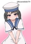  1girl black_hair blue_sailor_collar dress gradient_background hat highres kantai_collection kurano_kisuke one-hour_drawing_challenge pink_background sailor_collar sailor_dress sailor_hat short_sleeves shounan_(kancolle) solo twintails twitter_username v_arms violet_eyes white_dress white_hat 