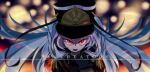  1girl altair_(re:creators) blue_eyes clenched_hand coat cysheep0920 eyelashes floating_hair gauntlets hair_between_eyes hair_ribbon hat highres light_particles long_hair looking_at_viewer military_uniform open_mouth re:creators red_eyes ribbon shaded_face shako_cap solo teeth tongue twintails two-tone_eyes uniform v-shaped_eyes white_hair 