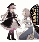  1boy 1girl beret black_dress blue_eyes boots bow butterfly_wings crown dress fate/grand_order fate_(series) grey_hair hand_on_own_chest hat highres insect_wings kneeling nursery_rhyme_(fate) oberon_(fate) razuri_rapisu striped_bow violet_eyes wings 