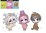  1girl 2boys :o absurdres ahoge animal_ears bear bear_ears bird blush_stickers brown_eyes brown_hair cosplay danganronpa_(series) danganronpa_2:_goodbye_despair fake_animal_ears flipped_hair floral_print frown grey_hair hair_between_eyes hand_up highres hinata_hajime kigurumi komaeda_nagito looking_at_viewer medium_hair multiple_boys nanami_chiaki nao_(nconco-line) pink_eyes pink_hair rabbit rabbit_ears sitting white_background 