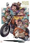  1girl 6+boys animal animal_on_head apple artist_name black_hair blue_hat blush_stickers bow bowtie closed_eyes clouds commentary dwarf_(grimm) english_text food frills fruit goggles goggles_on_headwear green_hat hat helmet highres hugging_another&#039;s_leg motor_vehicle motorcycle motorcycle_helmet multiple_boys nanami_tomorou on_head open_mouth pointy_ears puffy_short_sleeves puffy_sleeves purple_hat rabbit red_hat riding short_hair short_sleeves sidecar skirt snow_white snow_white_(grimm) squirrel symbol-only_commentary tunic wheel yellow_collar yellow_hat yellow_skirt 