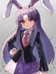  1girl animal_ears black_jacket closed_jacket closed_mouth collared_shirt commentary_request hand_on_own_hip highres jacket long_hair long_sleeves looking_at_viewer necktie plus2sf purple_hair purple_skirt rabbit_ears rabbit_girl red_eyes red_necktie reisen_udongein_inaba shirt sidelocks skirt touhou very_long_hair white_shirt 
