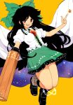  1girl arm_cannon atom bird_wings black_footwear black_hair black_socks black_wings bow breasts cape center_frills constellation_print control_rod feathered_wings frilled_shirt_collar frilled_skirt frills green_bow green_skirt hair_bow happy highres kneehighs loafers long_hair looking_at_viewer maguro_(mawaru_sushi) medium_breasts red_eyes reiuji_utsuho shirt shoes simple_background skirt smile socks third_eye_on_chest touhou two-sided_fabric very_long_hair weapon white_cape white_shirt wings yellow_background 