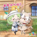  2girls animal_ears bag bow bowtie cat_(kemono_friends) cat_ears cat_girl cat_tail chinese_text choker copyright_name elbow_gloves extra_ears glasses gloves green_hair grey_hair hat hat_feather highres jacket kemono_friends kemono_friends_3 kurokw_(style) long_hair looking_at_viewer mirai_(kemono_friends) multiple_girls official_art outdoors ribbon shirt short_hair shorts skirt sleeveless sleeveless_shirt socks tail translation_request yellow_eyes 