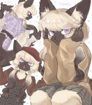  1girl :i animal_ear_fluff animal_ears beret blonde_hair body_fur brown_fur brown_hair brown_sweater cat cat_ears cat_girl cat_tail character_name claws closed_mouth commentary_request dress fangs furry furry_female hand_in_own_hair hands_on_own_face hands_up hat highres long_hair looking_at_viewer looking_back low_twintails multiple_views original plaid plaid_skirt purple_dress rata_(norahasu) red_hat siamese_cat simple_background skirt slit_pupils sweater tail tiara_(norahasu) twintails upper_body violet_eyes whiskers white_background 