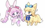  :d ahoge animal animal_focus animalization aozora_himari blonde_hair blue_eyes blue_ribbon blunt_bangs bow chibi commentary_request drill_hair fox full_body hair_bow himitsu_no_aipri hoshikawa_mitsuki long_hair neck_ribbon open_mouth pink_bow pink_hair pretty_series rabbit ribbon simple_background smile standing twin_drills twintails violet_eyes wataboshi white_background 