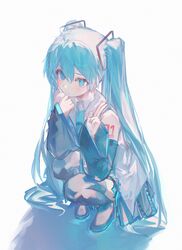  1girl absurdres aqua_eyes aqua_hair aqua_necktie bare_shoulders black_sleeves blue_eyes blue_hair blush breasts collared_shirt detached_sleeves grey_shirt hair_between_eyes hair_ornament hand_on_own_chin hatsune_miku highres long_hair looking_at_viewer mihoranran necktie open_mouth shirt shoulder_tattoo simple_background skirt sleeveless sleeveless_shirt smile solo squatting tattoo thigh-highs twintails very_long_hair vocaloid white_background 