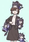  5girls =_= animal_ears bandaid bandaid_on_face bandaid_on_nose black_hair black_jacket black_skirt brown_hair closed_eyes feet_out_of_frame female_trainer_(umamusume) hanging_on_arm horse_ears horse_girl horse_tail jacket long_sleeves mini_person minigirl motion_lines multiple_girls narita_brian_(umamusume) notice_lines open_clothes open_jacket open_mouth ponytail purple_shirt purple_skirt school_uniform shirt shirt_tucked_in short_hair skirt skirt_tug standing tail tracen_school_uniform turtleneck umamusume uruimu white_shirt yellow_eyes 