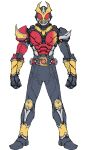  1boy absurdres agito_(sword_form) altering_(agito) armor asymmetrical_armor belt bodysuit compound_eyes full_body gold_horns helmet highres horns kamen_rider kamen_rider_agito kamen_rider_agito_(series) looking_at_viewer male_focus mask pauldrons red_armor red_eyes rider_belt shoulder_armor solo standing tokusatsu zd19990214 