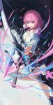  1girl absurdres arrow_(projectile) bare_legs black_footwear blue_skirt bow_(weapon) commentary foot_out_of_frame highres holding holding_bow_(weapon) holding_weapon honkai:_star_rail honkai_(series) march_7th_(honkai:_star_rail) miniskirt muginosa pink_hair shirt short_hair skirt solo violet_eyes weapon white_shirt 