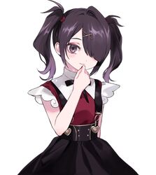  1girl ame-chan_(needy_girl_overdose) ame-chan_waku-waku_date_game arm_behind_back black_eyes black_hair black_ribbon black_skirt collared_shirt cowboy_shot hair_ornament hair_over_one_eye hand_to_own_mouth hand_up long_hair looking_at_viewer maruino neck_ribbon needy_girl_overdose non-web_source official_art red_shirt ribbon shirt simple_background skirt solo suspender_skirt suspenders transparent_background twintails x_hair_ornament 