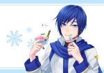  1boy blue_eyes blue_hair blue_scarf eating food highres ice_cream kaito_(vocaloid) long_sleeves male_focus musical_note scarf short_hair smile snowflake_print tongue tongue_out upper_body vocaloid yuyht1758 