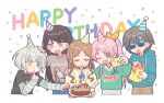  5girls artist_request bang_dream! bang_dream!_it&#039;s_mygo!!!!! birthday_cake black_hair black_shirt blue_eyes blue_hoodie blue_shirt blue_skirt blush brown_hair brown_pants cake chihaya_anon closed_eyes commentary commission fang food green_shirt grey_eyes grey_hair grey_skirt grey_sweater hair_ribbon hand_on_another&#039;s_head happy_birthday hat heterochromia highres holding holding_party_popper hood hood_down hoodie kaname_raana layered_sleeves long_hair long_sleeves mole mole_under_eye multiple_girls mygo!!!!!_(bang_dream!) nagasaki_soyo novelty_glasses one_eye_closed open_mouth pants parted_bangs party_hat party_popper ponytail puffy_short_sleeves puffy_sleeves ribbon second-party_source selfie shiina_taki shirt short_hair short_over_long_sleeves short_sleeves sidelocks skirt sleeves_past_wrists sweatdrop sweater takamatsu_tomori u_u violet_eyes white_hair yellow_eyes yellow_ribbon yellow_shirt 