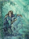  1boy arch architecture cloak closed_eyes elf embroidery fantasy green_background green_cloak green_shirt green_theme harp instrument ivy jenny_dolfen looking_down maglor male_focus monochrome_background moss overgrown painting_(medium) plant pointy_ears ruins shirt sitting stairs the_silmarillion tolkien&#039;s_legendarium traditional_media vines watercolor_(medium) 