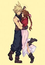  1boy 1girl aerith_gainsborough arm_around_waist armor baggy_pants bangle belt blonde_hair blue_shirt boots bracelet braid braided_ponytail brown_belt brown_footwear brown_gloves brown_hair cloud_strife couple cropped_jacket dancing dress ff7_ree final_fantasy final_fantasy_vii final_fantasy_vii_rebirth final_fantasy_vii_remake full_body gloves hair_between_eyes hair_ribbon hetero highres holding_hands jacket jewelry long_dress long_hair looking_at_another multiple_belts pants parted_bangs pink_dress pink_ribbon red_jacket ribbon shirt short_hair short_sleeves shoulder_armor sidelocks single_bare_shoulder single_braid single_shoulder_pad sleeveless sleeveless_turtleneck smile spiky_hair suspenders turtleneck yellow_background 