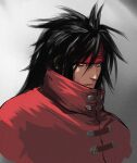  1boy black_hair cloak closed_mouth commentary_request dargain_x final_fantasy final_fantasy_vii final_fantasy_vii_rebirth final_fantasy_vii_remake gradient_background hair_between_eyes headband high_collar long_hair male_focus portrait red_cloak red_eyes red_headband solo spiky_hair upper_body vincent_valentine 