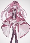  1girl baobhan_sith_(fate) baobhan_sith_(first_ascension)_(fate) bare_shoulders boots breasts detached_sleeves dress drill_hair fate/grand_order fate_(series) frills full_body grey_eyes hair_ornament hand_up high_heel_boots high_heels kanita_akashi large_breasts long_hair long_sleeves looking_at_viewer pink_hair pointy_ears red_dress red_footwear sidelocks solo thigh_boots white_background 